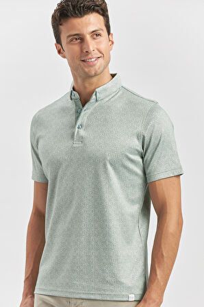 Koyu Yeşil Desenli Merserize Düğmeli Yaka Garnili Pamuklu Casual Slim Fit Dar Kesim Tişört 1011240164