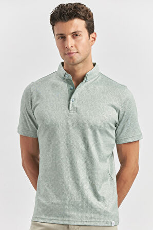 Koyu Yeşil Desenli Merserize Düğmeli Yaka Garnili Pamuklu Casual Slim Fit Dar Kesim Tişört 1011240164