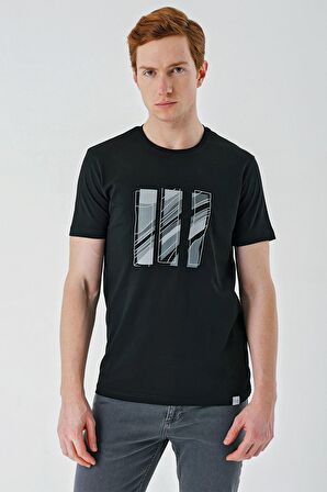 Siyah Baskılı Bez Ayağı Bisiklet Yaka %100 Pamuk Casual Slim Fit Dar Kesim Tişört 1011240165
