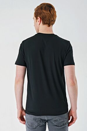 Siyah Baskılı Bez Ayağı Bisiklet Yaka %100 Pamuk Casual Slim Fit Dar Kesim Tişört 1011240165