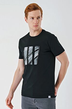 Siyah Baskılı Bez Ayağı Bisiklet Yaka %100 Pamuk Casual Slim Fit Dar Kesim Tişört 1011240165