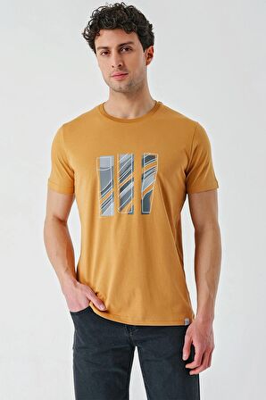 Hardal Baskılı Bez Ayağı Bisiklet Yaka %100 Pamuk Casual Slim Fit Dar Kesim Tişört 1011240165