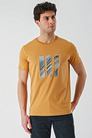 Hardal Baskılı Bez Ayağı Bisiklet Yaka %100 Pamuk Casual Slim Fit Dar Kesim Tişört 1011240165