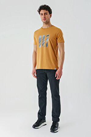 Hardal Baskılı Bez Ayağı Bisiklet Yaka %100 Pamuk Casual Slim Fit Dar Kesim Tişört 1011240165