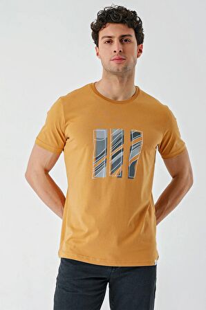 Hardal Baskılı Bez Ayağı Bisiklet Yaka %100 Pamuk Casual Slim Fit Dar Kesim Tişört 1011240165