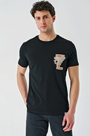Siyah Baskılı Bez Ayağı Bisiklet Yaka %100 Pamuk Casual Slim Fit Dar Kesim Tişört 1011240166