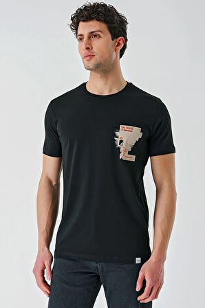 Siyah Baskılı Bez Ayağı Bisiklet Yaka %100 Pamuk Casual Slim Fit Dar Kesim Tişört 1011240166
