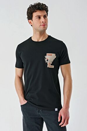 Siyah Baskılı Bez Ayağı Bisiklet Yaka %100 Pamuk Casual Slim Fit Dar Kesim Tişört 1011240166