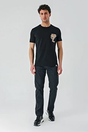 Siyah Baskılı Bez Ayağı Bisiklet Yaka %100 Pamuk Casual Slim Fit Dar Kesim Tişört 1011240166