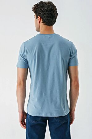 Koyu Mavi Baskılı Bez Ayağı Bisiklet Yaka %100 Pamuk Casual Slim Fit Dar Kesim Tişört 1011240166