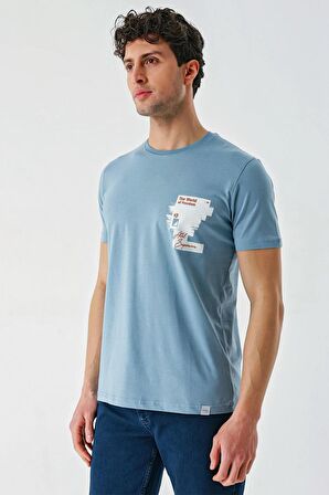 Koyu Mavi Baskılı Bez Ayağı Bisiklet Yaka %100 Pamuk Casual Slim Fit Dar Kesim Tişört 1011240166