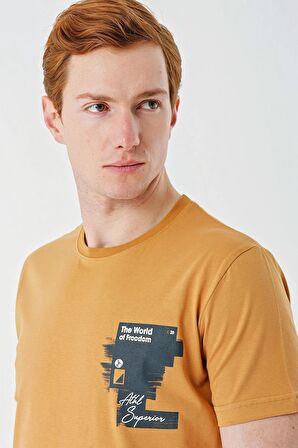 Hardal Baskılı Bez Ayağı Bisiklet Yaka %100 Pamuk Casual Slim Fit Dar Kesim Tişört 1011240166