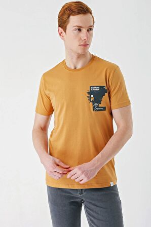 Hardal Baskılı Bez Ayağı Bisiklet Yaka %100 Pamuk Casual Slim Fit Dar Kesim Tişört 1011240166