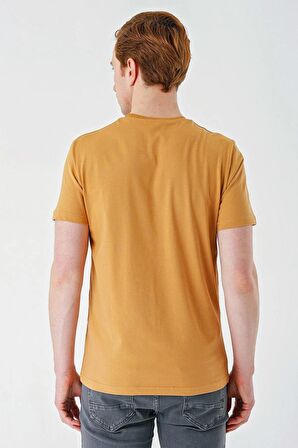 Hardal Baskılı Bez Ayağı Bisiklet Yaka %100 Pamuk Casual Slim Fit Dar Kesim Tişört 1011240166