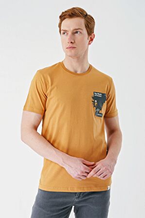 Hardal Baskılı Bez Ayağı Bisiklet Yaka %100 Pamuk Casual Slim Fit Dar Kesim Tişört 1011240166