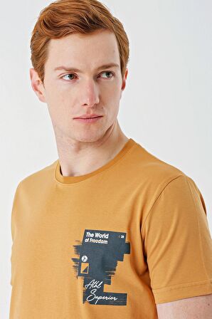 Hardal Baskılı Bez Ayağı Bisiklet Yaka %100 Pamuk Casual Slim Fit Dar Kesim Tişört 1011240166