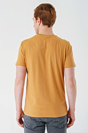 Hardal Baskılı Bez Ayağı Bisiklet Yaka %100 Pamuk Casual Slim Fit Dar Kesim Tişört 1011240166