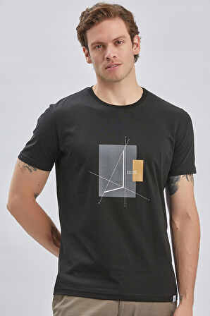 Siyah Baskılı Bez Ayağı Bisiklet Yaka %100 Pamuk Casual Slim Fit Dar Kesim Tişört 1011240167