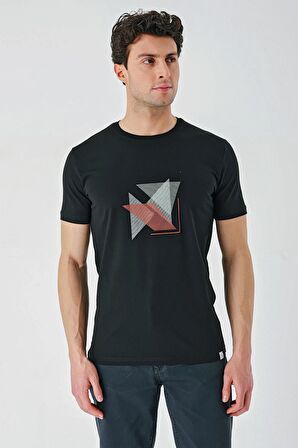 Siyah Baskılı Bez Ayağı Bisiklet Yaka %100 Pamuk Casual Slim Fit Dar Kesim Tişört 1011240168