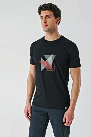 Siyah Baskılı Bez Ayağı Bisiklet Yaka %100 Pamuk Casual Slim Fit Dar Kesim Tişört 1011240168