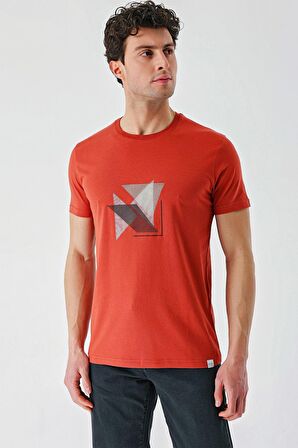 Tarçın Baskılı Bez Ayağı Bisiklet Yaka %100 Pamuk Casual Slim Fit Dar Kesim Tişört 1011240168