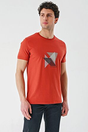 Tarçın Baskılı Bez Ayağı Bisiklet Yaka %100 Pamuk Casual Slim Fit Dar Kesim Tişört 1011240168