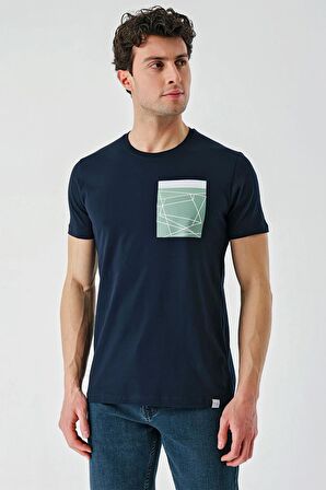 Koyu Lacivert Baskılı Bez Ayağı Bisiklet Yaka %100 Pamuk Casual Slim Fit Dar Kesim Tişört 1011240169