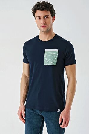Koyu Lacivert Baskılı Bez Ayağı Bisiklet Yaka %100 Pamuk Casual Slim Fit Dar Kesim Tişört 1011240169