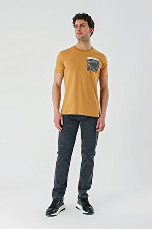 Hardal Baskılı Bez Ayağı Bisiklet Yaka %100 Pamuk Casual Slim Fit Dar Kesim Tişört 1011240169