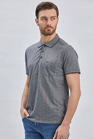 Koyu Lacivert Desenli Jakarlı Polo Yaka Cepli Klasik Comfort Fit Rahat Kesim Tişört 1011240170