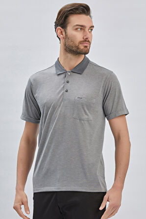 Füme Desenli Jakarlı Polo Yaka Cepli Klasik Comfort Fit Rahat Kesim Tişört 1011240172