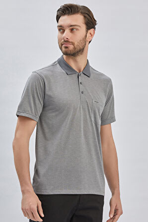 Füme Desenli Jakarlı Polo Yaka Cepli Klasik Comfort Fit Rahat Kesim Tişört 1011240172