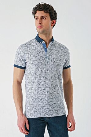 Koyu Lacivert Baskılı Jakarlı Düğmeli Yaka Cepli Casual Slim Fit Dar Kesim Tişört 1011240173