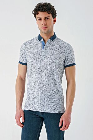 Koyu Lacivert Baskılı Jakarlı Düğmeli Yaka Cepli Casual Slim Fit Dar Kesim Tişört 1011240173