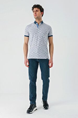 Koyu Lacivert Baskılı Jakarlı Düğmeli Yaka Cepli Casual Slim Fit Dar Kesim Tişört 1011240173