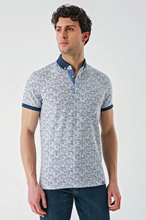 Koyu Lacivert Baskılı Jakarlı Düğmeli Yaka Cepli Casual Slim Fit Dar Kesim Tişört 1011240173