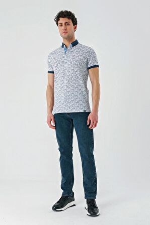 Koyu Lacivert Baskılı Jakarlı Düğmeli Yaka Cepli Casual Slim Fit Dar Kesim Tişört 1011240173