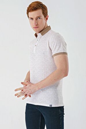 Taş Rengi Baskılı Jakarlı Düğmeli Yaka Cepli Casual Slim Fit Dar Kesim Tişört 1011240173