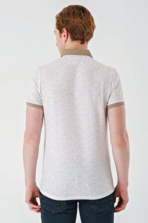 Taş Rengi Baskılı Jakarlı Düğmeli Yaka Cepli Casual Slim Fit Dar Kesim Tişört 1011240173