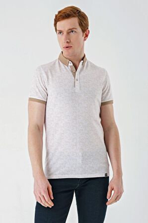 Taş Rengi Baskılı Jakarlı Düğmeli Yaka Cepli Casual Slim Fit Dar Kesim Tişört 1011240173