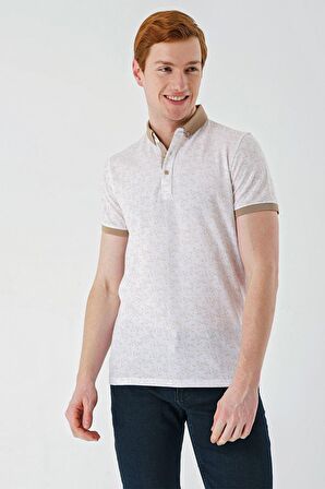Taş Rengi Baskılı Jakarlı Düğmeli Yaka Cepli Casual Slim Fit Dar Kesim Tişört 1011240173