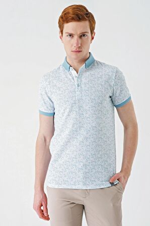 Açık Yeşil Baskılı Jakarlı Düğmeli Yaka Cepli Casual Slim Fit Dar Kesim Tişört 1011240173
