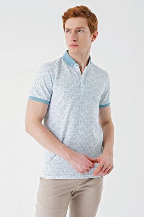 Açık Yeşil Baskılı Jakarlı Düğmeli Yaka Cepli Casual Slim Fit Dar Kesim Tişört 1011240173