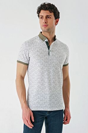 Koyu Haki Baskılı Jakarlı Düğmeli Yaka Cepli Casual Slim Fit Dar Kesim Tişört 1011240173