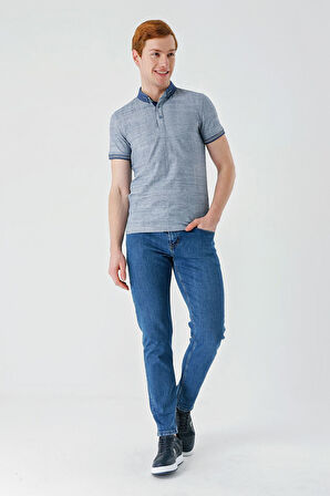İndigo Mavi Desenli Jakarlı Düğmeli Yaka Cepli Casual Slim Fit Dar Kesim Tişört 1011240174