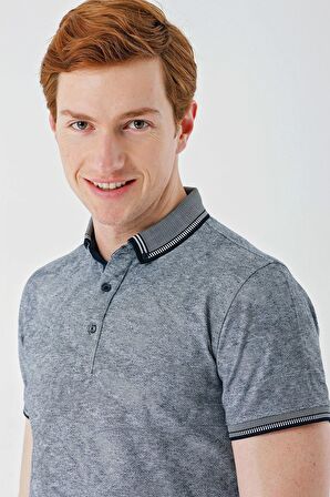 Koyu Lacivert Desenli Jakarlı Düğmeli Yaka Cepli Casual Slim Fit Dar Kesim Tişört 1011240176