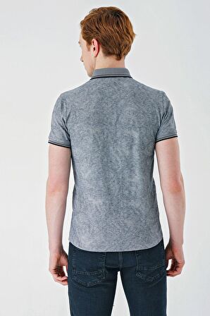 Koyu Lacivert Desenli Jakarlı Düğmeli Yaka Cepli Casual Slim Fit Dar Kesim Tişört 1011240176