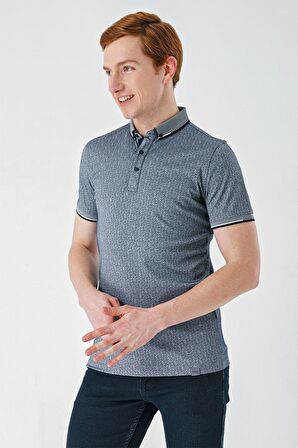 Koyu Lacivert Baskılı Oxford Düğmeli Yaka Cepli Pamuklu Casual Slim Fit Dar Kesim Tişört 1011240177