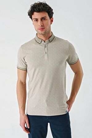 Taş Rengi Baskılı Oxford Düğmeli Yaka Cepli Pamuklu Casual Slim Fit Dar Kesim Tişört 1011240177