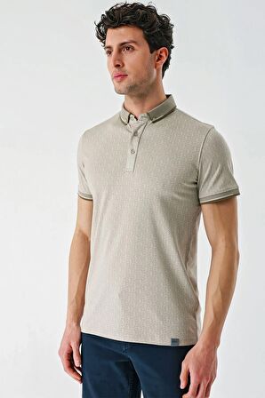 Taş Rengi Baskılı Oxford Düğmeli Yaka Cepli Pamuklu Casual Slim Fit Dar Kesim Tişört 1011240177